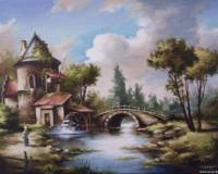 Водяная мельница у реки с мостом