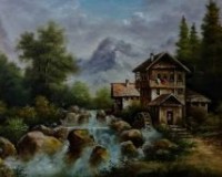 Альпийский пейзаж с мельницей