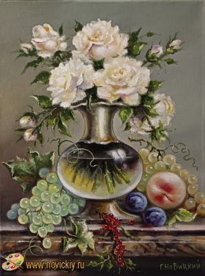 Пионы, персик и виноград