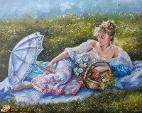 Дамочка с корзиной цветов, на холсте